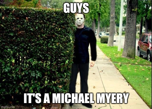Michael Myers Bush Stalking | GUYS; IT'S A MICHAEL MYERY | image tagged in michael myers bush stalking | made w/ Imgflip meme maker