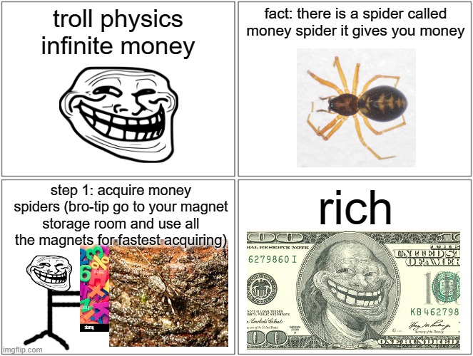 dont mind how the magnets look | troll physics
infinite money; fact: there is a spider called money spider it gives you money; step 1: acquire money spiders (bro-tip go to your magnet storage room and use all the magnets for fastest acquiring); rich | image tagged in memes,blank comic panel 2x2,troll face | made w/ Imgflip meme maker
