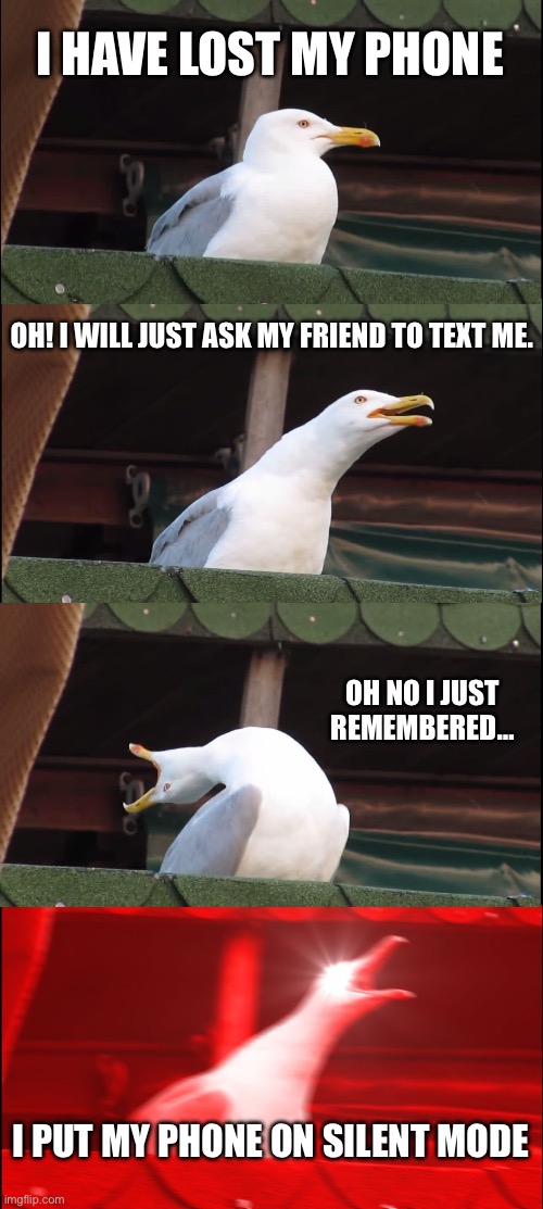 Inhaling Seagull Meme | I HAVE LOST MY PHONE; OH! I WILL JUST ASK MY FRIEND TO TEXT ME. OH NO I JUST REMEMBERED…; I PUT MY PHONE ON SILENT MODE | image tagged in memes,inhaling seagull | made w/ Imgflip meme maker