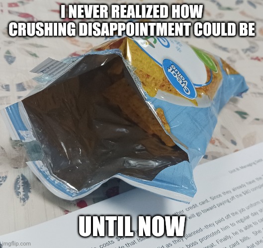 What the heck Great Value? That's like half the bag filled with nothing but oxygen | I NEVER REALIZED HOW CRUSHING DISAPPOINTMENT COULD BE; UNTIL NOW | made w/ Imgflip meme maker