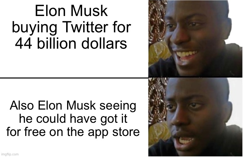 Disappointed Black Guy | Elon Musk buying Twitter for 44 billion dollars; Also Elon Musk seeing he could have got it for free on the app store | image tagged in disappointed black guy | made w/ Imgflip meme maker