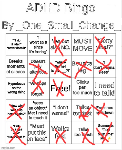 Just proved my entire IRL friend group wrong. I just am always on edge BUT ITS NOT ANXIETY I SWEAR | image tagged in adhd bingo,never forget | made w/ Imgflip meme maker