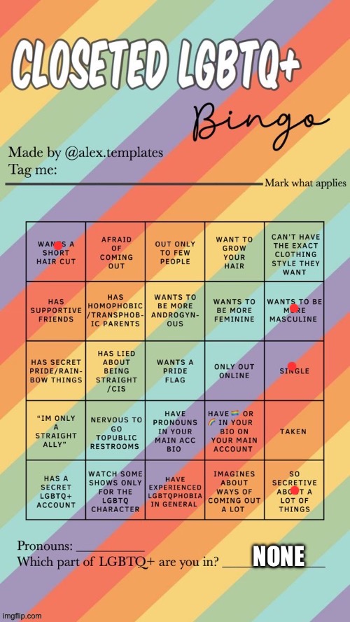 Closeted LGBTQ+ Bingo | NONE | image tagged in closeted lgbtq bingo | made w/ Imgflip meme maker