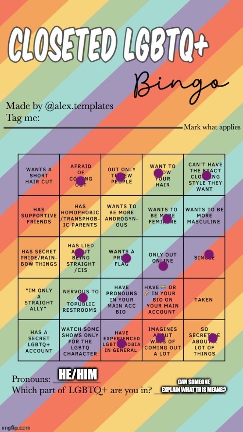 Closeted LGBTQ+ Bingo | HE/HIM; CAN SOMEONE EXPLAIN WHAT THIS MEANS? | image tagged in closeted lgbtq bingo | made w/ Imgflip meme maker