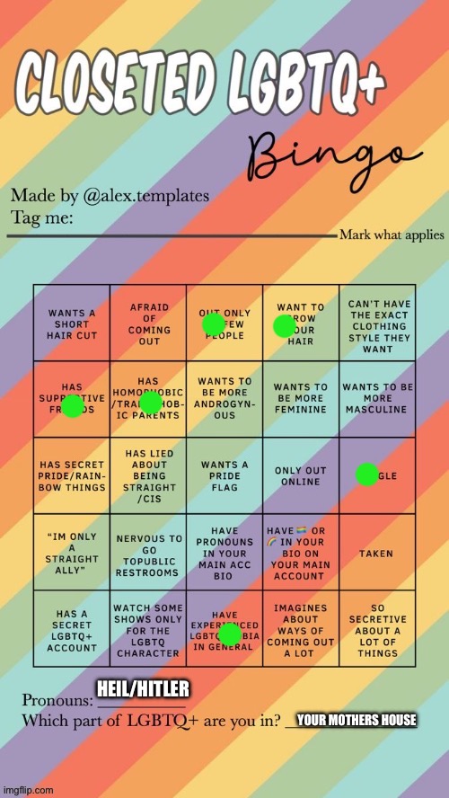Closeted LGBTQ+ Bingo | HEIL/HITLER; YOUR MOTHERS HOUSE | image tagged in closeted lgbtq bingo | made w/ Imgflip meme maker