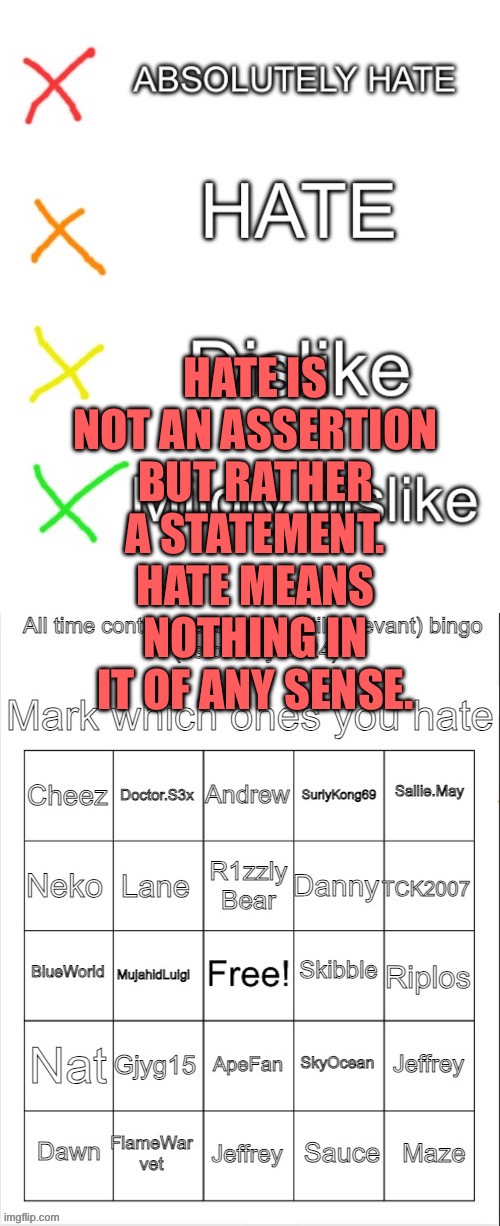 Controversial user bingo May 2024 with color | HATE IS NOT AN ASSERTION BUT RATHER A STATEMENT. HATE MEANS NOTHING IN IT OF ANY SENSE. | image tagged in controversial user bingo may 2024 with color | made w/ Imgflip meme maker