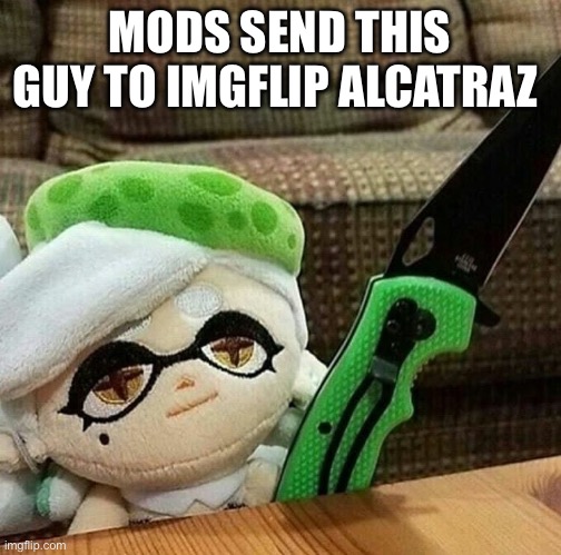 Marie plush with a knife | MODS SEND THIS GUY TO IMGFLIP ALCATRAZ | image tagged in marie plush with a knife | made w/ Imgflip meme maker