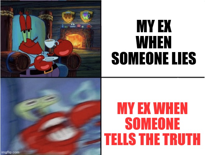 Please don't tell me I'm the only one who dated someone like that | MY EX WHEN SOMEONE LIES; MY EX WHEN SOMEONE TELLS THE TRUTH | image tagged in calm and angry | made w/ Imgflip meme maker