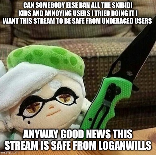 (duk: sure) | CAN SOMEBODY ELSE BAN ALL THE SKIBIDI KIDS AND ANNOYING USERS I TRIED DOING IT I WANT THIS STREAM TO BE SAFE FROM UNDERAGED USERS; ANYWAY GOOD NEWS THIS STREAM IS SAFE FROM LOGANWILLS | image tagged in marie plush with a knife | made w/ Imgflip meme maker