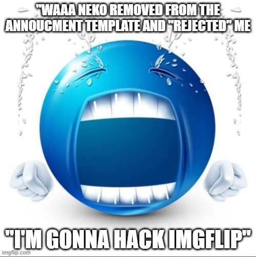 Guess the user | "WAAA NEKO REMOVED FROM THE ANNOUCMENT TEMPLATE AND "REJECTED" ME; "I'M GONNA HACK IMGFLIP" | image tagged in crying blue guy | made w/ Imgflip meme maker