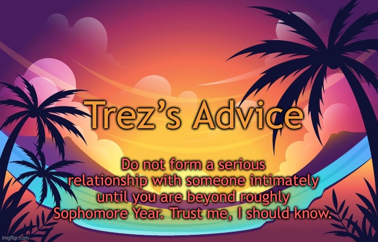 Trez (Summer) | Trez’s Advice; Do not form a serious relationship with someone intimately until you are beyond roughly Sophomore Year. Trust me, I should know. | image tagged in trez summer | made w/ Imgflip meme maker