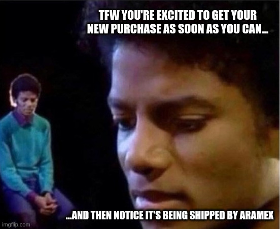 Out of the running for "fastest courier" award this and every other year | TFW YOU'RE EXCITED TO GET YOUR NEW PURCHASE AS SOON AS YOU CAN... ...AND THEN NOTICE IT'S BEING SHIPPED BY ARAMEX | image tagged in sad michael | made w/ Imgflip meme maker
