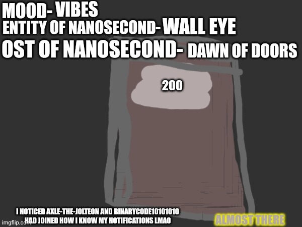 Hope that they are chill n stuff | VIBES; WALL EYE; DAWN OF DOORS; I NOTICED AXLE-THE-JOLTEON AND BINARYCODE10101010 HAD JOINED HOW I KNOW MY NOTIFICATIONS LMAO | image tagged in dusk-the-eevee anno temp | made w/ Imgflip meme maker