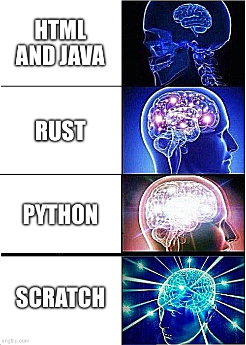 Expanding Brain | HTML AND JAVA; RUST; PYTHON; SCRATCH | image tagged in memes,expanding brain | made w/ Imgflip meme maker