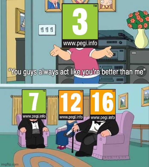 Using Family Guy to illustrate PEGI game ratings | image tagged in you guys always act like you're better than me,pegi,video games,age ratings,family guy,meg | made w/ Imgflip meme maker