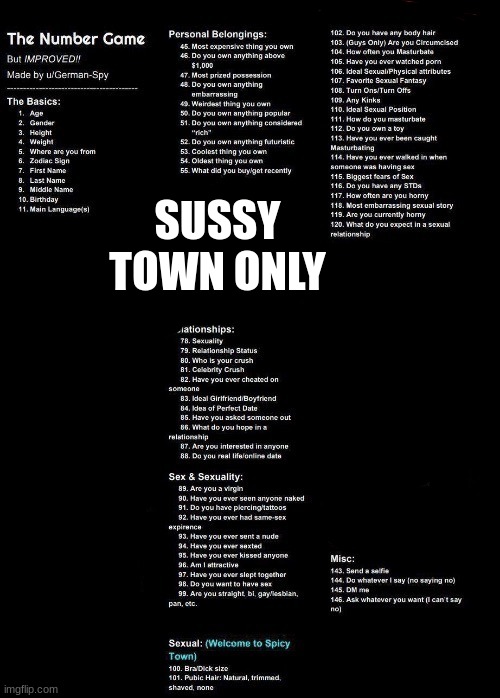 SUSSY town | SUSSY TOWN ONLY | image tagged in pick a number | made w/ Imgflip meme maker