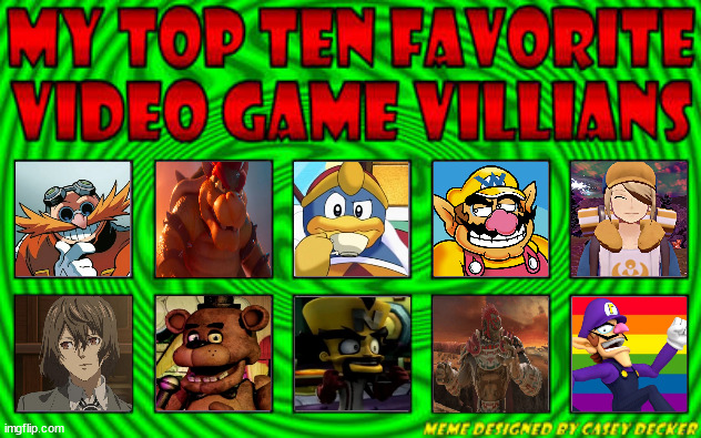 top 10 favorite video game villains | image tagged in my top 10 favorite video game villains,nintendo,sega,five nights at freddys,persona 5,super mario | made w/ Imgflip meme maker