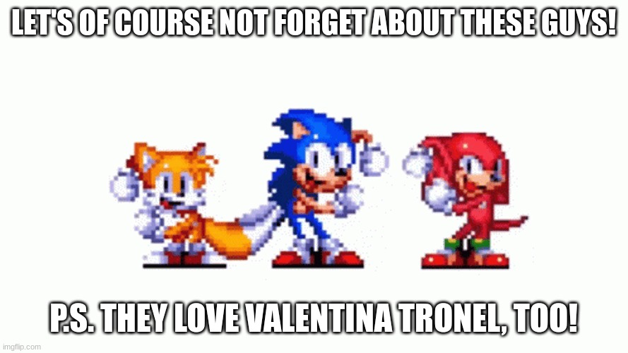 Sonic tails and knuckles dancing | LET'S OF COURSE NOT FORGET ABOUT THESE GUYS! P.S. THEY LOVE VALENTINA TRONEL, TOO! | image tagged in sonic tails and knuckles dancing | made w/ Imgflip meme maker