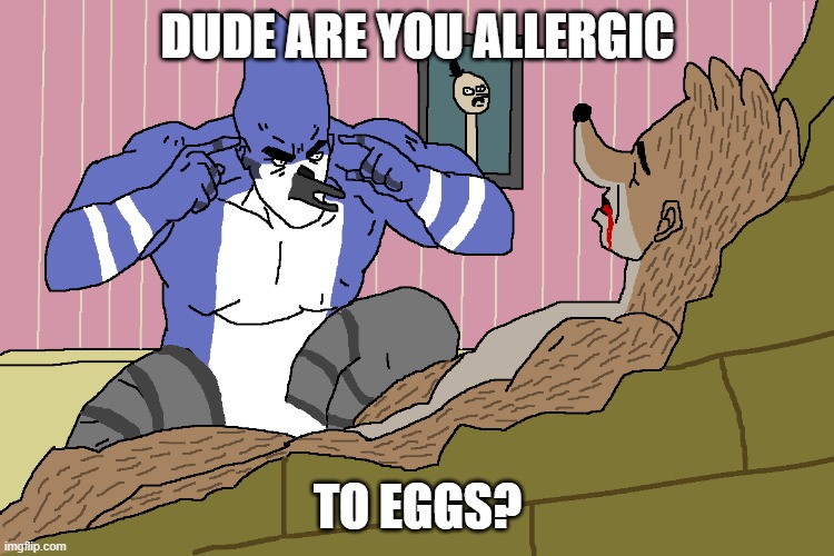 Think, Rigby, Think! | DUDE ARE YOU ALLERGIC; TO EGGS? | image tagged in think rigby think,memes,regular show,eggs | made w/ Imgflip meme maker