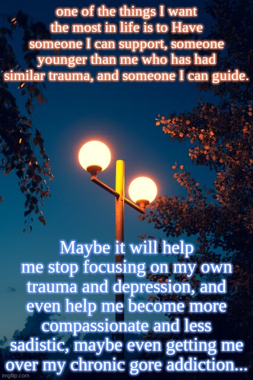 I want to help someone heal. I want to be that one person that is always there for them. | one of the things I want the most in life is to Have someone I can support, someone younger than me who has had similar trauma, and someone I can guide. Maybe it will help me stop focusing on my own trauma and depression, and even help me become more compassionate and less sadistic, maybe even getting me over my chronic gore addiction... | image tagged in icyxd s streetlights template | made w/ Imgflip meme maker