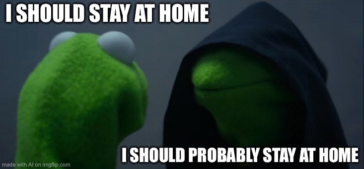 Evil Kermit Meme | I SHOULD STAY AT HOME; I SHOULD PROBABLY STAY AT HOME | image tagged in memes,evil kermit | made w/ Imgflip meme maker