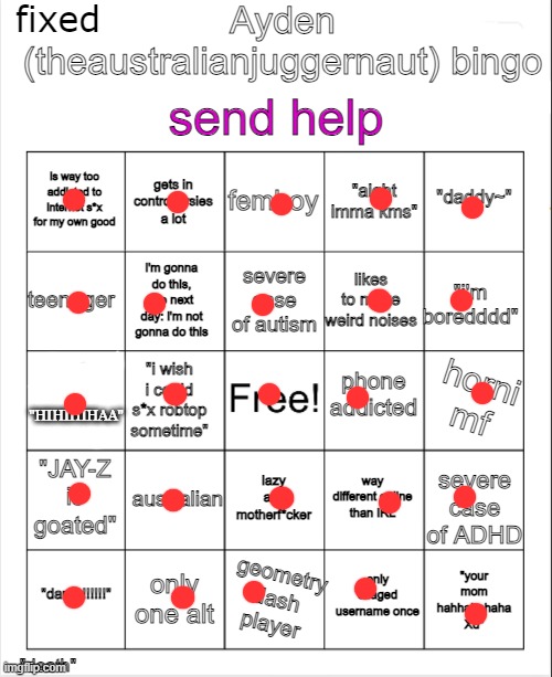 Ayden (theaustralianjuggernaut) Fixed! bingo | image tagged in ayden theaustralianjuggernaut fixed bingo | made w/ Imgflip meme maker