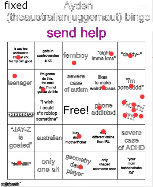 Ayden (theaustralianjuggernaut) Fixed! bingo | image tagged in ayden theaustralianjuggernaut fixed bingo | made w/ Imgflip meme maker