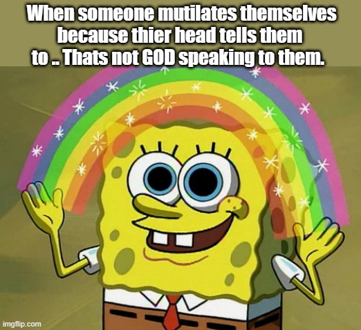 Removal of body parts decisions should only be made by fully informed adults not children. | When someone mutilates themselves because thier head tells them to .. Thats not GOD speaking to them. | image tagged in memes,imagination spongebob | made w/ Imgflip meme maker