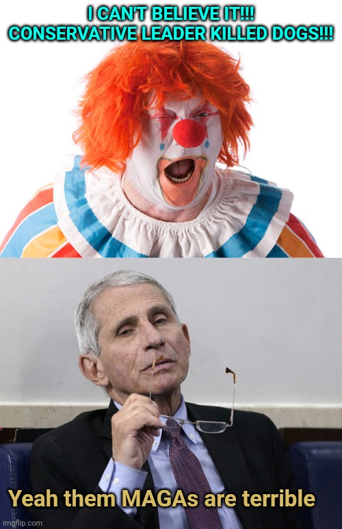 I CAN'T BELIEVE IT!!! CONSERVATIVE LEADER KILLED DOGS!!! Yeah them MAGAs are terrible | image tagged in angry liberal clown,dr fauci | made w/ Imgflip meme maker