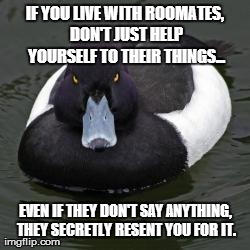 Angry Advice Mallard | IF YOU LIVE WITH ROOMATES, DON'T JUST HELP YOURSELF TO THEIR THINGS... EVEN IF THEY DON'T SAY ANYTHING, THEY SECRETLY RESENT YOU FOR IT. | image tagged in angry advice mallard,AdviceAnimals | made w/ Imgflip meme maker