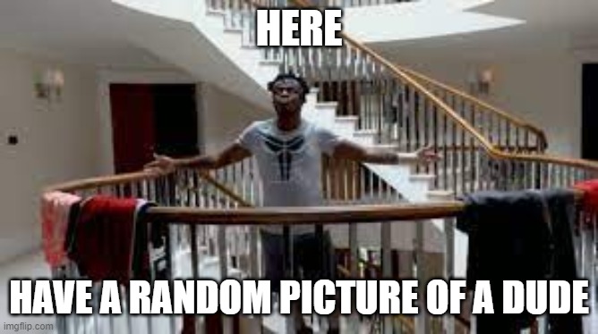 flying KSI | HERE HAVE A RANDOM PICTURE OF A DUDE | image tagged in flying ksi | made w/ Imgflip meme maker