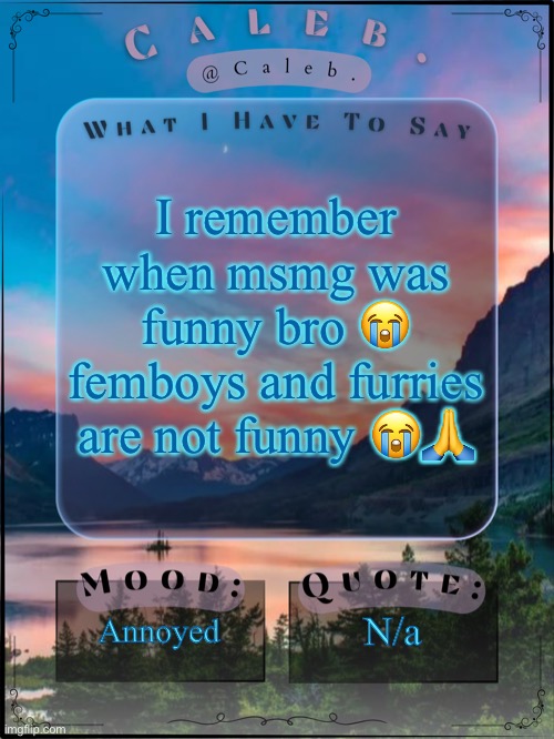 Caleb announcement template 2024 | I remember when msmg was funny bro 😭 femboys and furries are not funny 😭🙏; Annoyed; N/a | image tagged in caleb announcement template 2024 | made w/ Imgflip meme maker