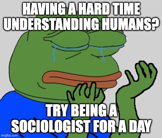 pepe cry | HAVING A HARD TIME UNDERSTANDING HUMANS? TRY BEING A SOCIOLOGIST FOR A DAY | image tagged in pepe cry | made w/ Imgflip meme maker