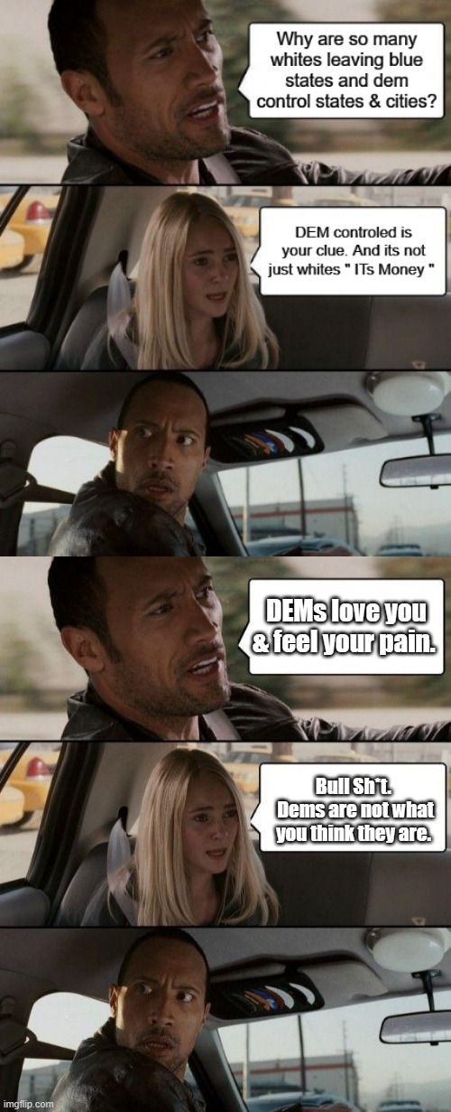 The Facts are becomeing more clear every day. | DEMs love you & feel your pain. Bull Sh*t.  Dems are not what you think they are. | image tagged in memes,the rock driving | made w/ Imgflip meme maker