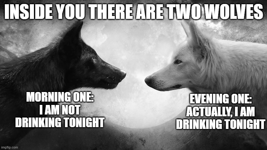 Inside You There Are Two (Drinking) Wolves | INSIDE YOU THERE ARE TWO WOLVES; EVENING ONE:
ACTUALLY, I AM DRINKING TONIGHT; MORNING ONE:
I AM NOT DRINKING TONIGHT | image tagged in you have two wolves | made w/ Imgflip meme maker