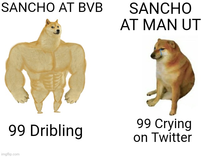 Buff Doge vs. Cheems Meme | SANCHO AT BVB; SANCHO AT MAN UT; 99 Dribling; 99 Crying on Twitter | image tagged in memes,buff doge vs cheems | made w/ Imgflip meme maker