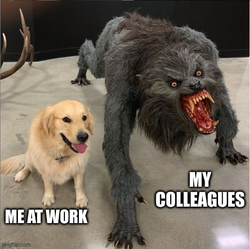 Should I bring silver to work? | MY COLLEAGUES; ME AT WORK | image tagged in dog vs werewolf,silver,colleagues,memes,work life,too nice | made w/ Imgflip meme maker