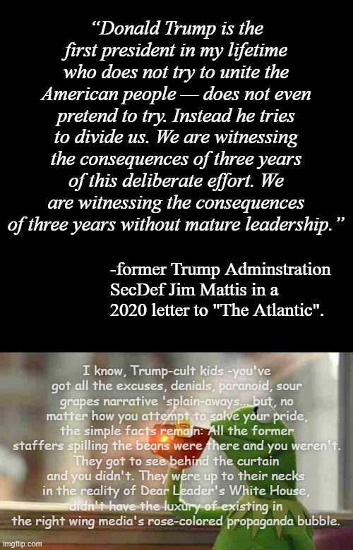 “Donald Trump is the first president in my lifetime who does not try to unite the American people — does not even pretend to try. Instead he tries to divide us. We are witnessing the consequences of three years of this deliberate effort. We are witnessing the consequences of three years without mature leadership.”; -former Trump Adminstration SecDef Jim Mattis in a 2020 letter to "The Atlantic". I know, Trump-cult kids -you've got all the excuses, denials, paranoid, sour grapes narrative 'splain-aways... but, no matter how you attempt to salve your pride, the simple facts remain: All the former staffers spilling the beans were there and you weren't. They got to see behind the curtain and you didn't. They were up to their necks in the reality of Dear Leader's White House, didn't have the luxury of existing in the right wing media's rose-colored propaganda bubble. | image tagged in plain black template,kermit sipping tea | made w/ Imgflip meme maker