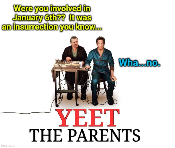 Meet the Parents | Were you involved in January 6th??  It was an insurrection you know... Wha...no. YEET; THE PARENTS | image tagged in meet the parents,government corruption,communists | made w/ Imgflip meme maker
