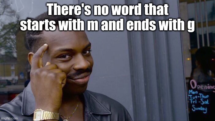 think about it | There's no word that starts with m and ends with g | made w/ Imgflip meme maker