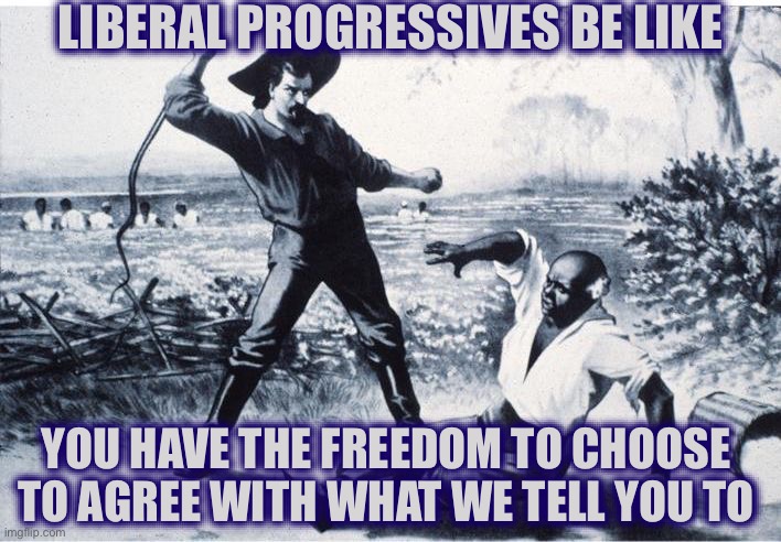 slave | LIBERAL PROGRESSIVES BE LIKE; YOU HAVE THE FREEDOM TO CHOOSE TO AGREE WITH WHAT WE TELL YOU TO | image tagged in slave,facts,new normal,stupid liberals,liberal hypocrisy,liberalism | made w/ Imgflip meme maker
