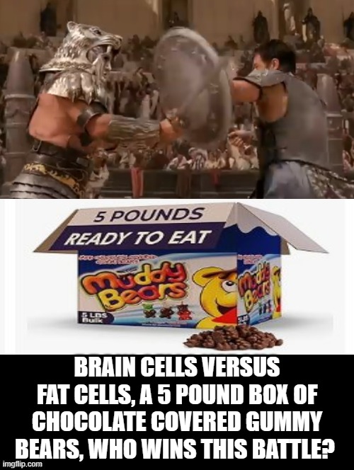 When a friend sets you up for failure!  He knows your fat cells will win! | BRAIN CELLS VERSUS FAT CELLS, A 5 POUND BOX OF CHOCOLATE COVERED GUMMY BEARS, WHO WINS THIS BATTLE? | image tagged in battle,the struggle is real | made w/ Imgflip meme maker