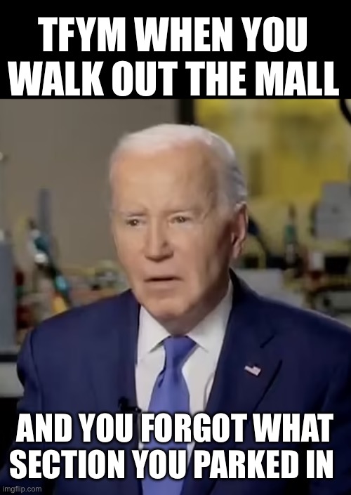 TFYM | TFYM WHEN YOU WALK OUT THE MALL; AND YOU FORGOT WHAT SECTION YOU PARKED IN | image tagged in resident biden,politics,fjb | made w/ Imgflip meme maker