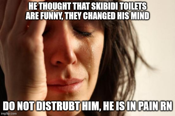 First World Problems | HE THOUGHT THAT SKIBIDI TOILETS ARE FUNNY, THEY CHANGED HIS MIND; DO NOT DISTRUBT HIM, HE IS IN PAIN RN | image tagged in memes,first world problems | made w/ Imgflip meme maker