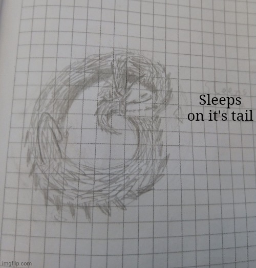 A drawing of a "Leviathan Kaiju" sleeping. A kaiju oc I made a long time ago | Sleeps on it's tail | made w/ Imgflip meme maker