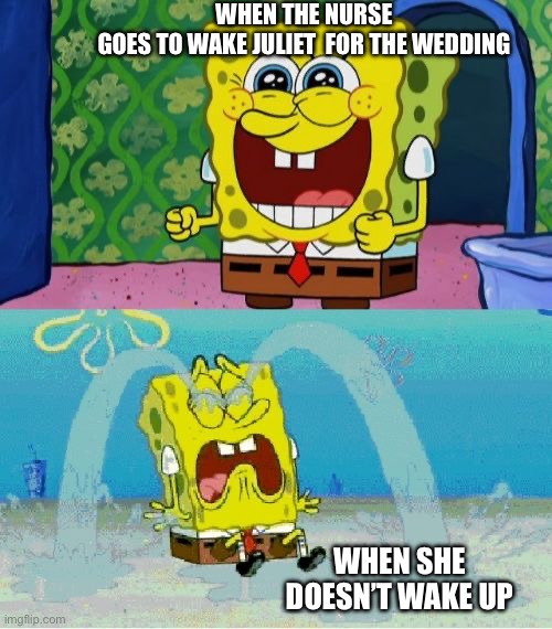 spongebob happy and sad | WHEN THE NURSE GOES TO WAKE JULIET  FOR THE WEDDING; WHEN SHE DOESN’T WAKE UP | image tagged in spongebob happy and sad | made w/ Imgflip meme maker