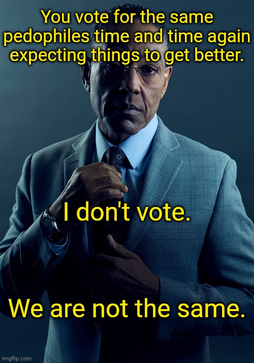 Gus Fring we are not the same | You vote for the same pedophiles time and time again expecting things to get better. I don't vote. We are not the same. | image tagged in gus fring we are not the same | made w/ Imgflip meme maker