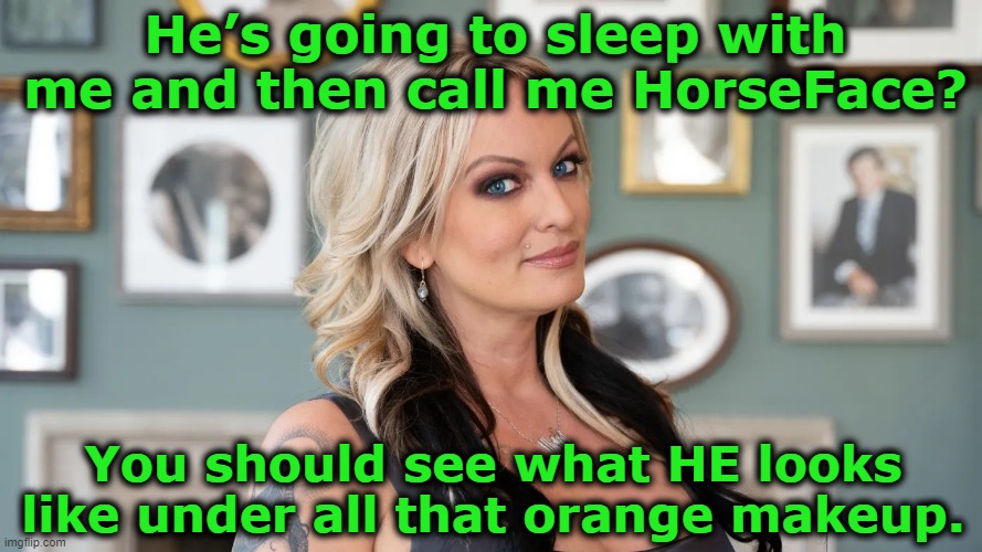 Stormie Gets the Last Word | He’s going to sleep with me and then call me HorseFace? You should see what HE looks like under all that orange makeup. | image tagged in nevertrump,maga,donald trump is an idiot,donald trump the clown,basket of deplorables,politicians suck | made w/ Imgflip meme maker