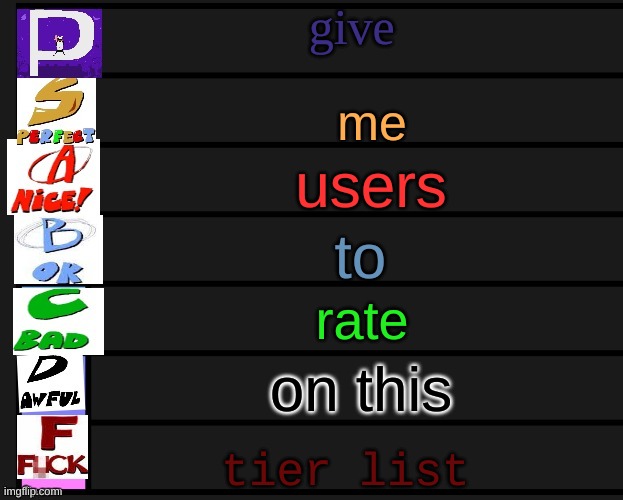pizza tower tier list V1 | give; me; users; to; rate; on this; tier list | image tagged in pizza tower tier list v1 | made w/ Imgflip meme maker
