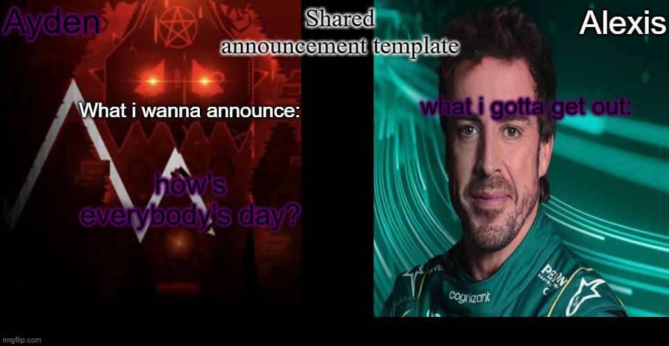 how's everybody's day? | image tagged in ayden and alexis's shared announcement template | made w/ Imgflip meme maker